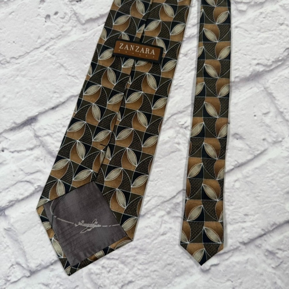 Zanzara Mens Hand Made 100% Silk Tie Brown & Black Geometric - Picture 3 of 3